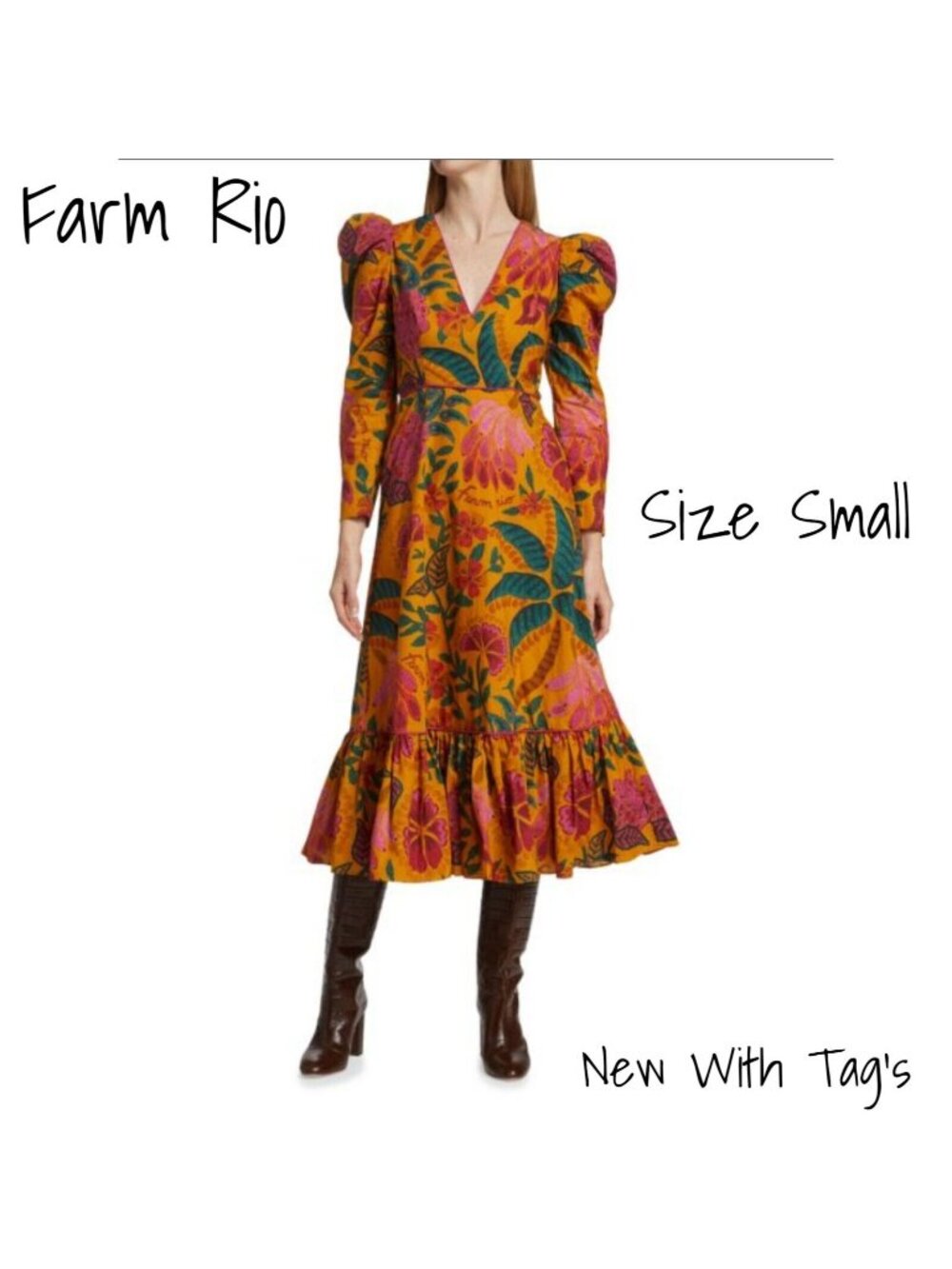 Farm Rio Midi Dress  Puff Long Sleeve Print Cotton Yellow  Small New With Tag
